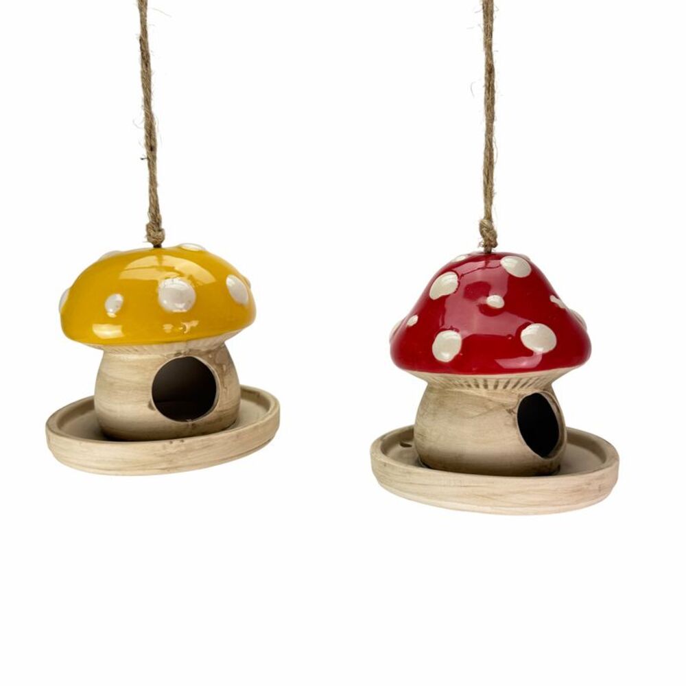 Set of 2 Hanging Mushroom Bird Feeders Red Yellow Porcelain 13 Inch Tall